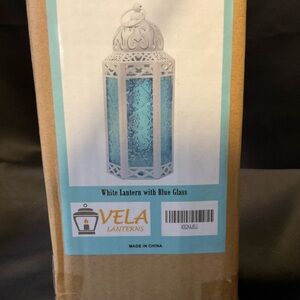 Vela Lanterns White Lantern with Blue Glass - Decorative Home Accent